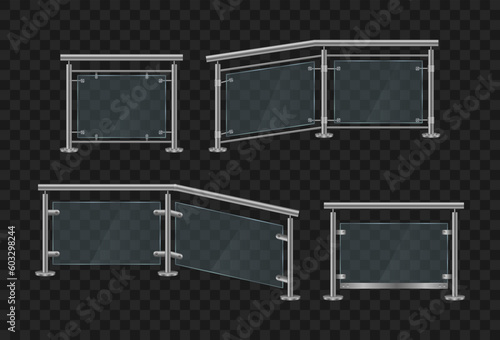 Glass balustrade with iron banister front and angle view. Architectural guardrail for balcony or office terrace vector illustration. Realistic glass and metal balcony railings, wire fence.
