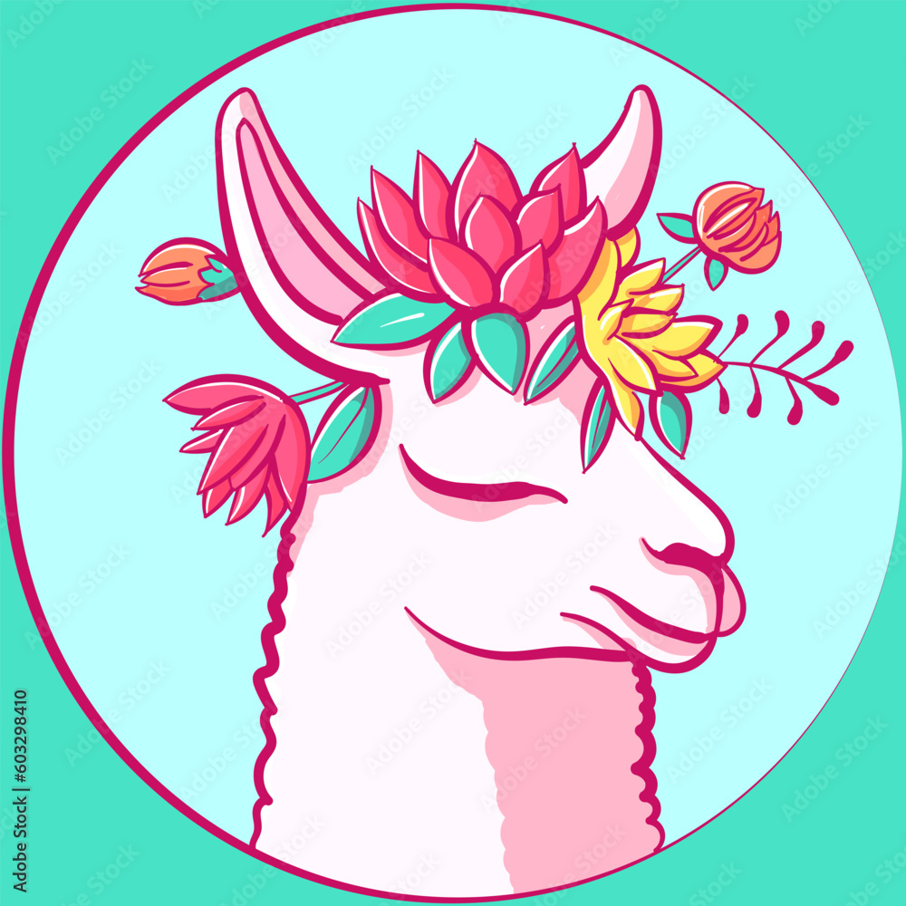 Cute llama with flowers and leaves around her head. Pink alpaca with roses, plants and herbal elements. Cute llama with flowers and leaves around her head. Pink alpaca with roses, plants and herbal elements.