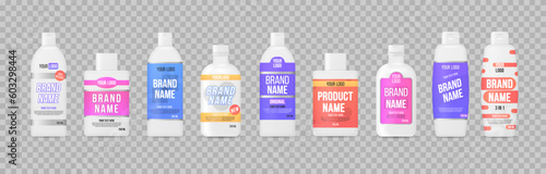 Sport nutrition labels. Realistic whey protein. Label plastic bottles, package template design. 