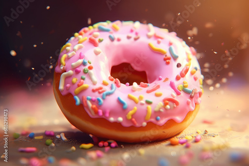 A pink frosted donut with colorful sprinkles and a bite