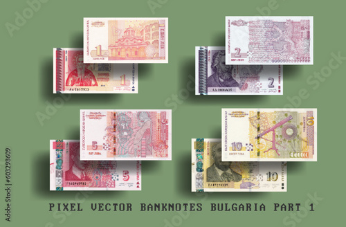 Vector pixel mosaic set of Bulgaria banknotes. Bills in denominations of 1, 2, 5 and 10 lev. Part one.
