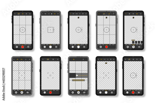 Mobile phone with camera interface. Viewfinder, grid, focus, button and rec on smartphone. Shooting video for a social network. Mobile app application. Focusing screen in recording time. Vector.