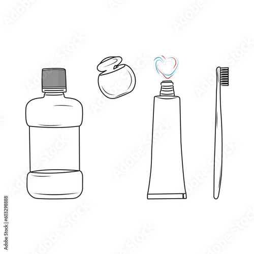 Teeth cleaning set. Line art. Instruments for oral hygiene. Hand drawn vector illustration.