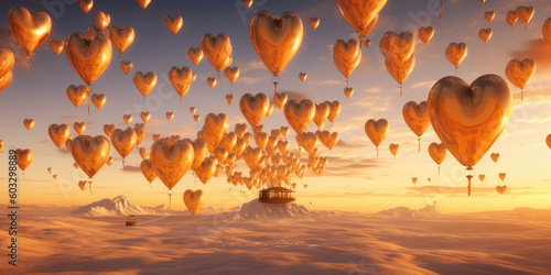 A mesmerizing scene of golden heart-shaped air balloons