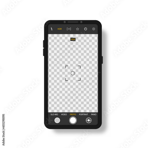 Shooting video for a social network. Mobile phone with camera interface. Viewfinder, grid, focus, button and rec on smartphone. Mobile app application. Focusing screen in recording time. Vector.