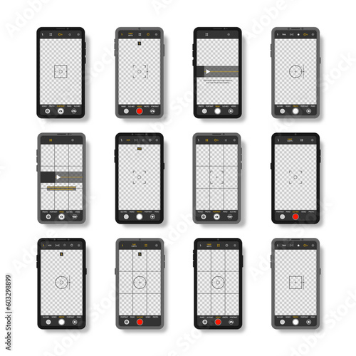 Mobile phone with camera interface. Viewfinder, grid, focus, button and rec on smartphone. Shooting video for a social network. Mobile app application. Focusing screen in recording time. Vector.