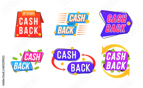 Cashback icons set. Emblem label sticker. Cash back money refound, concept badge on white background. Cashback or money back label for banners and websites. Graphic design element. Vector illustration