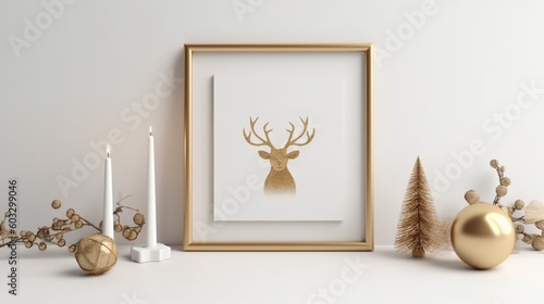 Square poster mock up with golden frame, decorated christmas tree, garland lights and holiday decoration on white wall background. 3D rendering