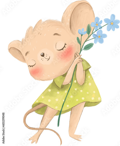 Mouse illustration. Hand drawn mouse. Charming mouse with a flower. Animal print
