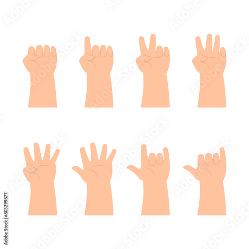 Hands of kids counting number zero to five and posing hand signal with palms facing up set in flat design vector