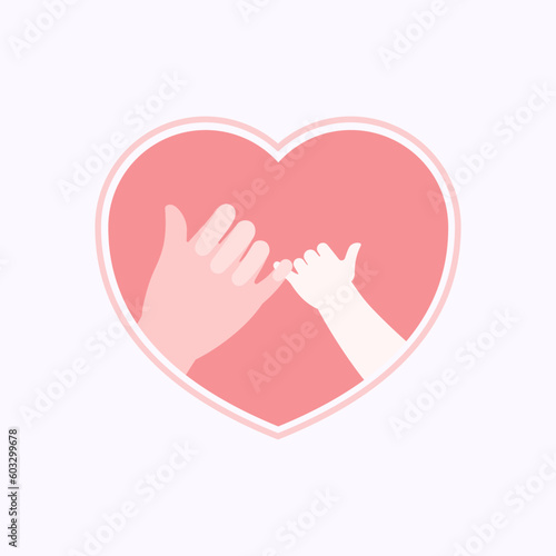 Big hand of mother and small hand of baby making a pinky promise in pink heart shaped frame silhouette flat design vector