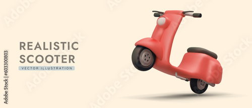 3d realistic scooter on warm background. City transport concept. Poster for transport sales and rental company. Colorful vector illustration in cartoon style in red colors