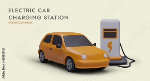 Yellow electric car is connected to charging station. Process of charging car battery. Realistic illustration for advertising eco vehicles. Quick recharge