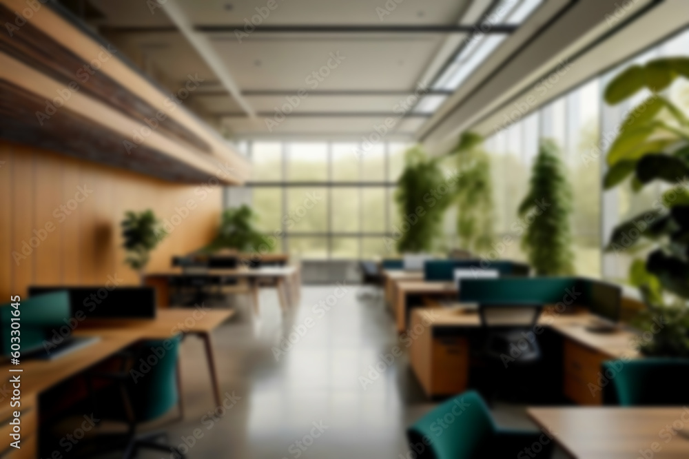 Blurred sustainable green office interior, business background. Sustainable concept. Generative AI.