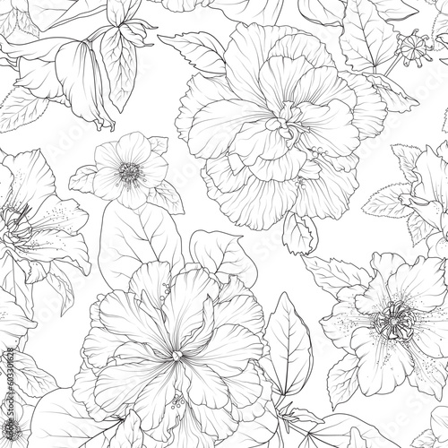 Spring flowers seamless floral pattern. Line art garden plants buttercup, anemones, hibiscus black on white background. Vector vintage illustration. For wrapping, fabric, fashion, paper, textile.