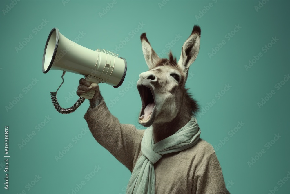 Fototapeta premium A donkey yells into a megaphone in front of a mint background (Generative AI, Generativ, KI)