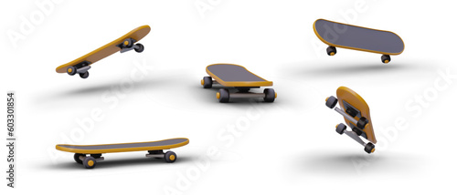 Big set of 3D skateboards in one style, view from different sides. Illustrative material for applications, web pages about skateboarding. Board at rest, during tricks, in air