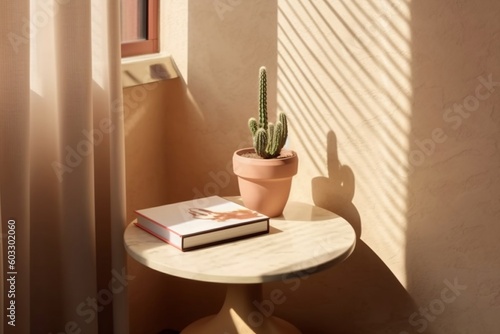 Modern White Marble Round Side Table with Plants and Shadows - 3D Mockup. Ai generative © rzrstudio