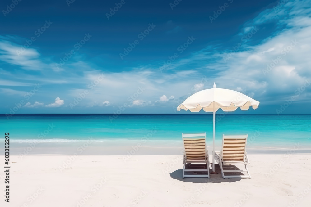Fototapeta premium Beautiful beach banner. White sand, chairs and umbrella travel tourism wide panorama background concept. Amazing beach landscape 