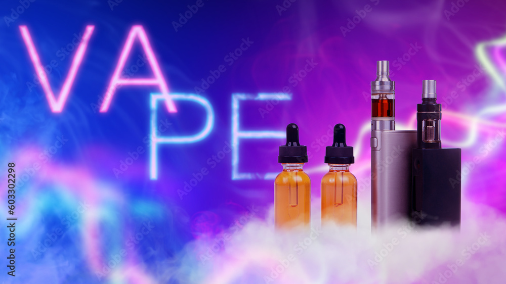 Fototapeta premium Vape smoke. Electronic cigarettes. Vaping oil. Vaping juice bottles. Vape devices. Tobacco cessation kit. Alternative cigarettes in smoke. Vaper gadgets. Vape liquid. Background for vaper shop