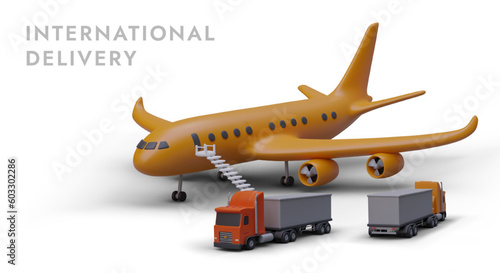 3d tracks and orange airplane stands at airport and waiting for luggage and goods to be loaded on board. International air delivery concept. Advertising poster for airlines. Vector illustration