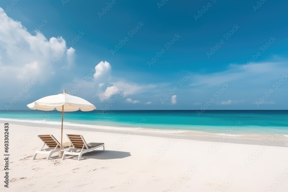 Beautiful beach banner. White sand, chairs and umbrella travel tourism wide panorama background concept. Amazing beach landscape 
