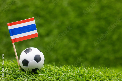 Soccer ball football with flag of Thailand on green grass