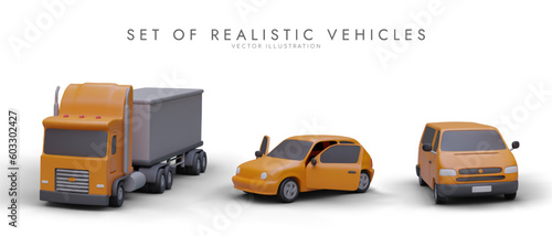 Set of realistic vehicles with shadows. 3D truck, minivan, car. Detailed image for web design, interesting advertising, mobile app. Illustrations for car rental, delivery, transportation business