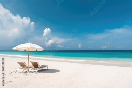 Beautiful beach banner. White sand, chairs and umbrella travel tourism wide panorama background concept. Amazing beach landscape 