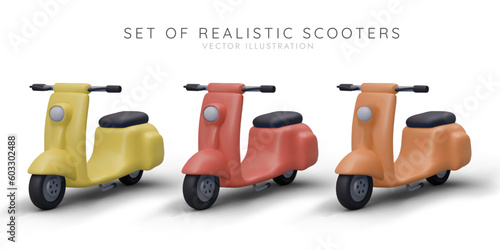 Popular vehicle. Collection of realistic electric scooters in different colors. Illustrations for scooter rental applications. Image for web design of small vehicle sales shops