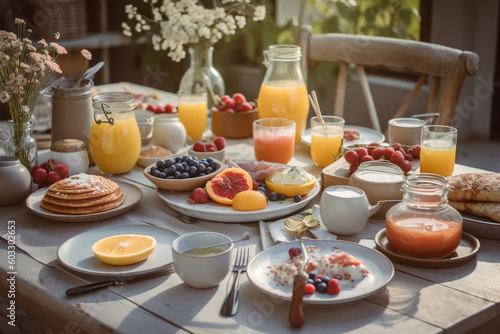 Breakfast on a sunny morning on the veranda. Food menu on a wooden table, pastries, berries, fresh on a rustic wooden table outdoors. Generative AI