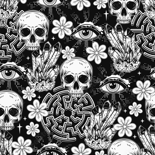 Pattern with gemstones, human skull, crystals, all seeing eye, labyrinth. Concept of sacred spirit, magic mind, extended mind. Psychedelic surreal illustration. Good for groovy, hippie, mystical style