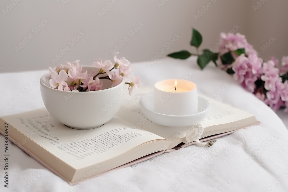 Home spa relaxation concept. Bathtube with cup of coffee, candles and book. Fresh spring bouquet Home spa relaxation concept. Bathtube with cup of coffee, candles and book. Fresh spring bouquet