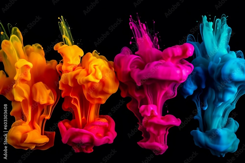 Bright colored paints on a black background. Generative AI.