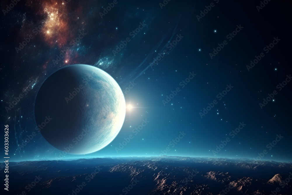 Beautiful outer space scenery digital background. Surreal fantasy cosmic world. Dark colorful universe. Video Game's Digital AI Illustration. Galaxies design backdrop for desktop wallpaper.