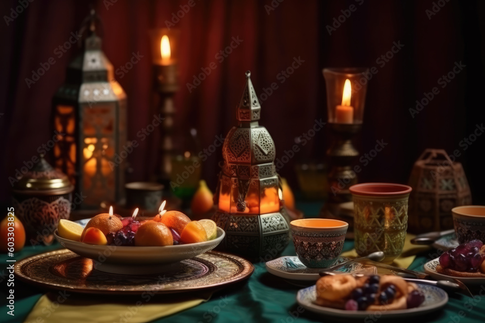 Ornamental Arabic lanterns with burning candles glowing at night. Plate with date fruit on the table. Festive greeting card, invitation for Muslim holy month Ramadan Kareem. Iftar dinner background