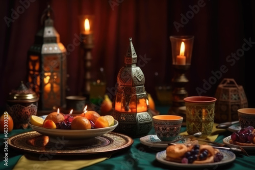 Ornamental Arabic lanterns with burning candles glowing at night. Plate with date fruit on the table. Festive greeting card  invitation for Muslim holy month Ramadan Kareem. Iftar dinner background