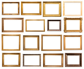 set of horizontal old wooden picture frames isolated on white background with cut out canvas