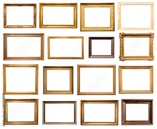 set of horizontal old wooden picture frames isolated on white background with cut out canvas