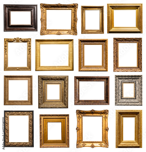 set of very wide old wooden picture frames isolated on white background with cut out canvas