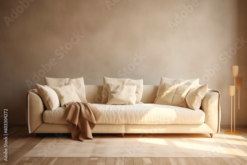 Cream Suede Sofa with Brown Accents - 3D Interior Mockup , Ai generative