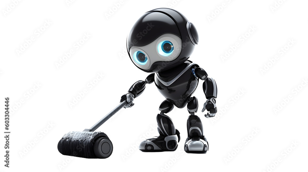 a cute black human-looking android that vacuums the floor, transparent background png