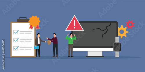 Seller and buyer with broken electronic goods 2d vector illustration concept for banner, website, illustration, landing page, flyer, etc.