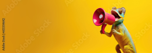 a happy chameleon holding a yellow megaphone speaking in it  with yellow solid background, genertive ai. photo