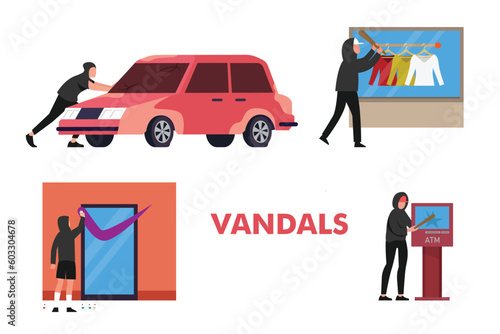 Set of vandals hiding under hoods damaging public property 2d vector illustration concept for banner, website, illustration, landing page, flyer, etc.