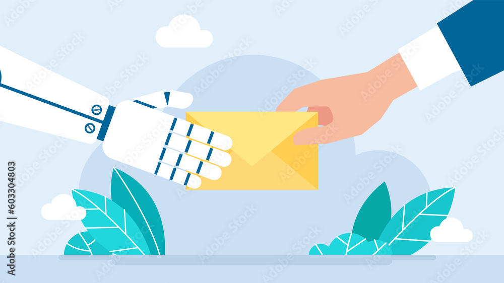 Close-up of robot hand, man, mail. Robot delivering mail to client. Email sent by AI. Man receiving parcel from bot courier flat style design. Newest robotic technologies concept. Flat illustration