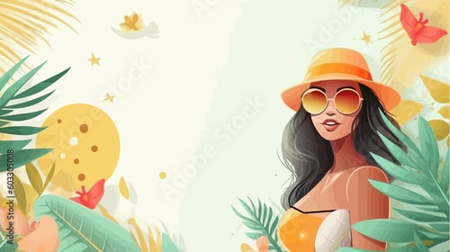 Summer background with tropical leaves, fruits and woman in straw hat. Vector illustration