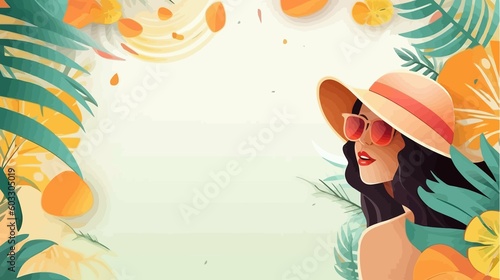 Summer background with tropical leaves, fruits and woman in straw hat. Vector illustration
