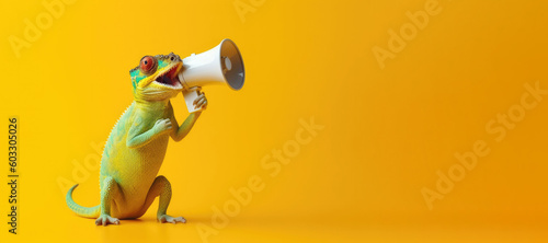 a happy chameleon holding a yellow megaphone speaking in it with yellow solid background, genertive ai.