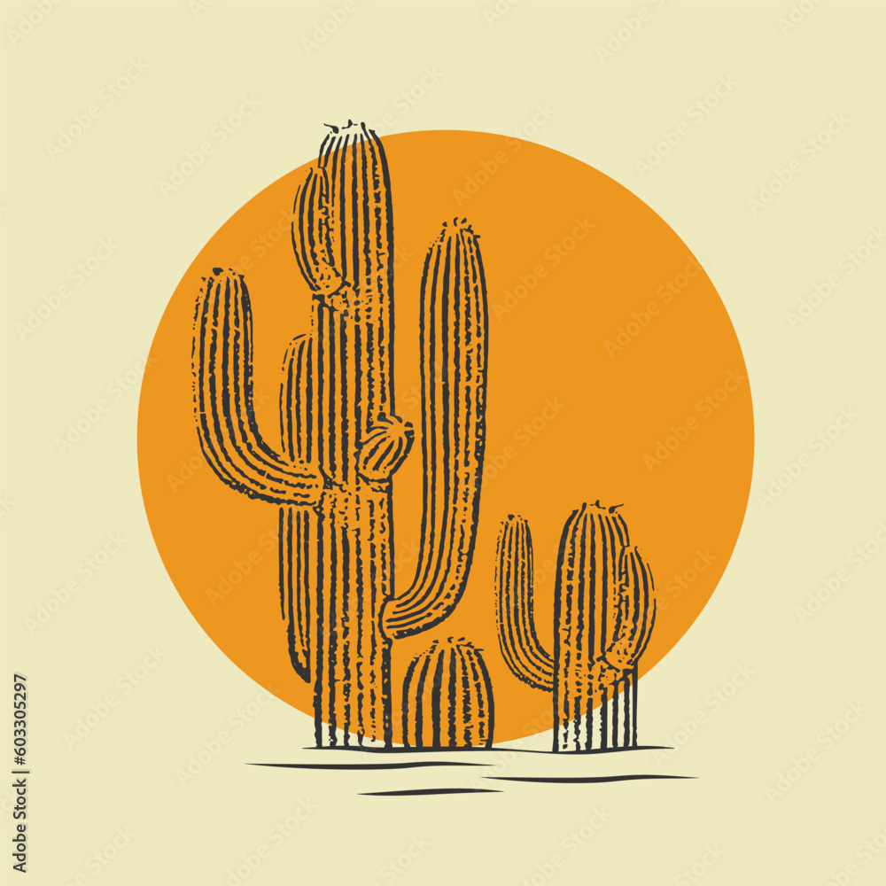 Fototapeta premium Cactus illustration wild west desert vintage design.
